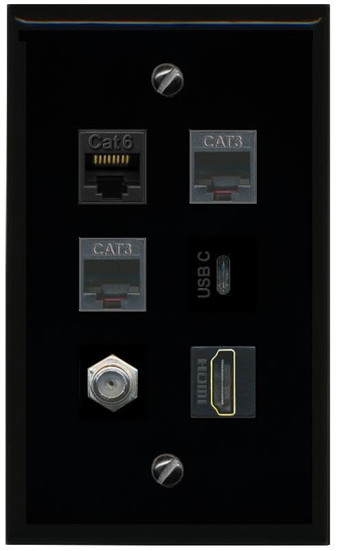 RiteAV CAT6 Coax HDMI 2 Phone USBC Flat/Solid Wall Plate [Black]