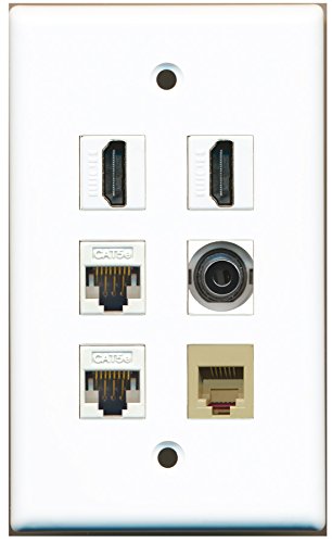 RiteAV - 2 HDMI 1 Port Phone RJ11 RJ12 Beige 1 Port 3.5mm 2 Port Cat5e Ethernet White Wall Plate