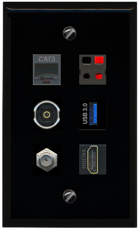 RiteAV COAX HDMI PHONE SPEAKER TOSLINK USB 3 Flat/Solid Wall Plate [Black]