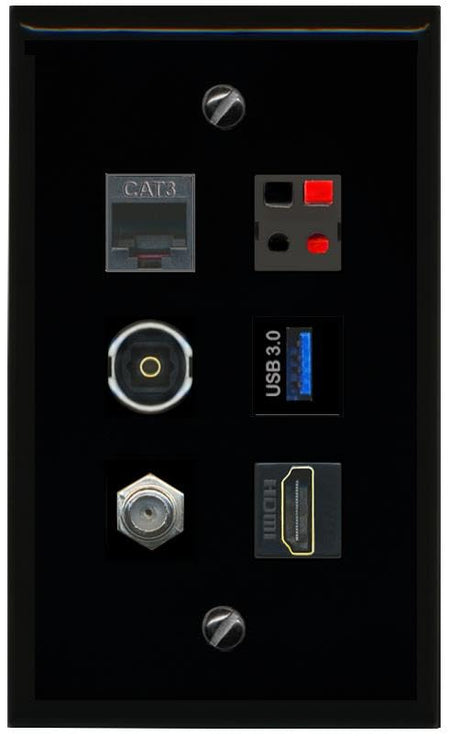 RiteAV COAX HDMI PHONE SPEAKER TOSLINK USB 3 Flat/Solid Wall Plate [Black]