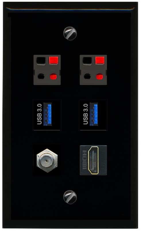 RiteAV COAX HDMI 2 SPEAKER 2 USB 3 Flat/Solid Wall Plate [Black]