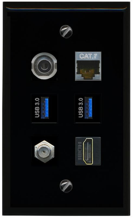 RiteAV 3.5mm CAT7 Coax HDMI 2 USB 3 Flat/Solid Wall Plate [Black]