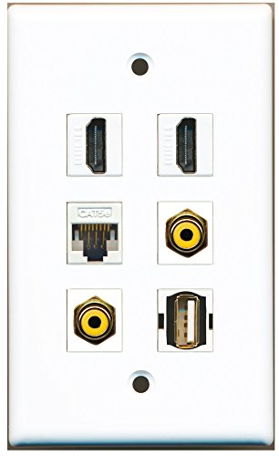 RiteAV - 2 HDMI 2 Port RCA Yellow 1 Port USB A-A 1 Port Cat5e Ethernet White Wall Plate