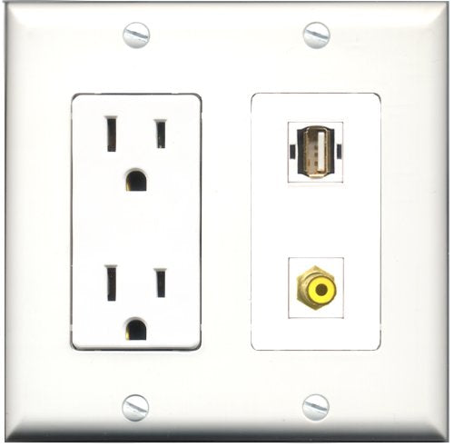 RiteAV - 15 Amp Power Outlet and 1 Port RCA Yellow and 1 Port USB A-A Decorative Type Wall Plate White