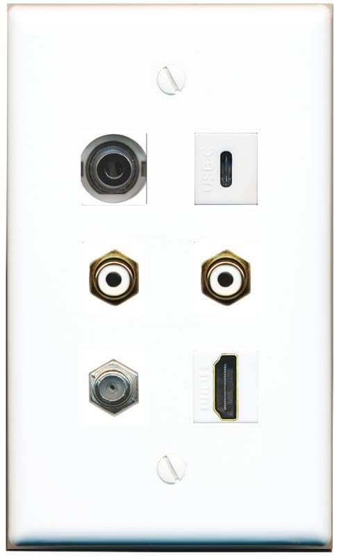 RiteAV 3.5mm Coax HDMI 2 RCA-White USBC Flat/Solid Wall Plate [White]