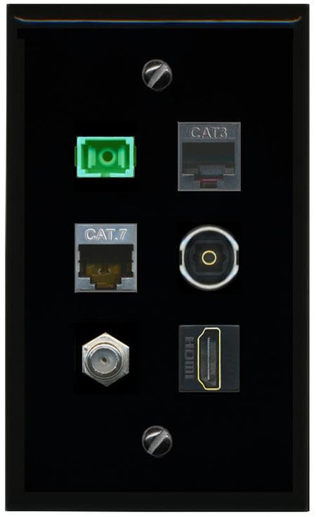 RiteAV CAT7 COAX HDMI PHONE SC APC Simplex Fiber TOSLINK Flat/Solid Wall Plate [Black]