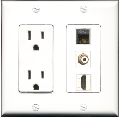 RiteAV - 15 Amp Power Outlet 1 Port HDMI 1 Port RCA White 1 Port Shielded Cat6 Ethernet Ethernet Decorative Wall Plate