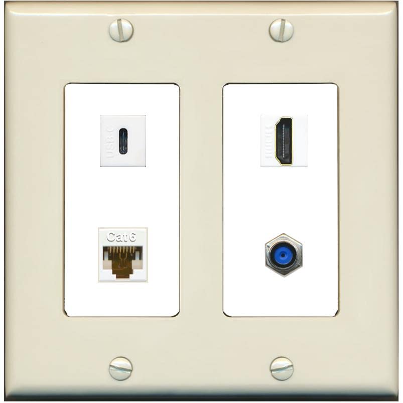 RiteAV USBC HDMI Cat6 Coax F81 Wall Plate - 2 Gang [Light-Almond/White]