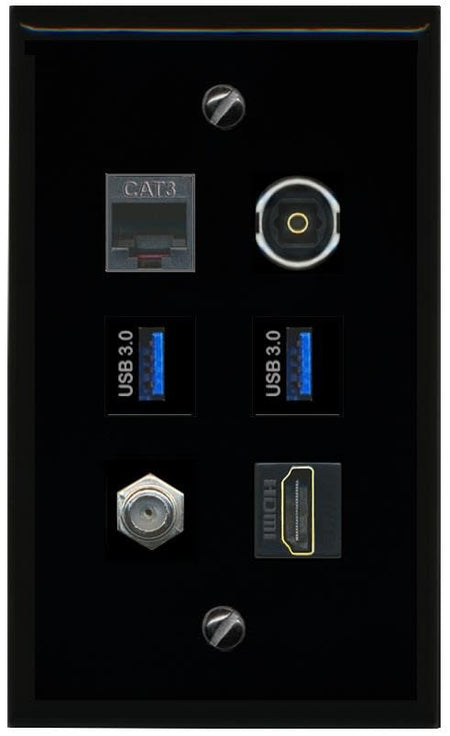 RiteAV Coax HDMI Phone TOSLINK 2 USB 3 Flat/Solid Wall Plate [Black]