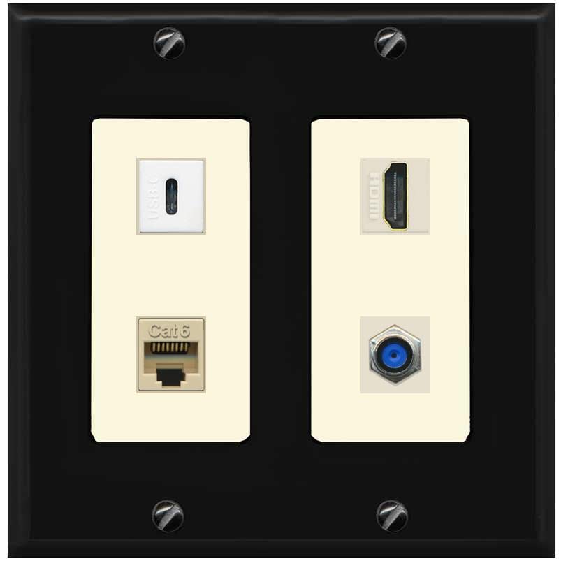 RiteAV USBC HDMI Cat6 Coax F81 Wall Plate - 2 Gang [Black/Light-Almond]