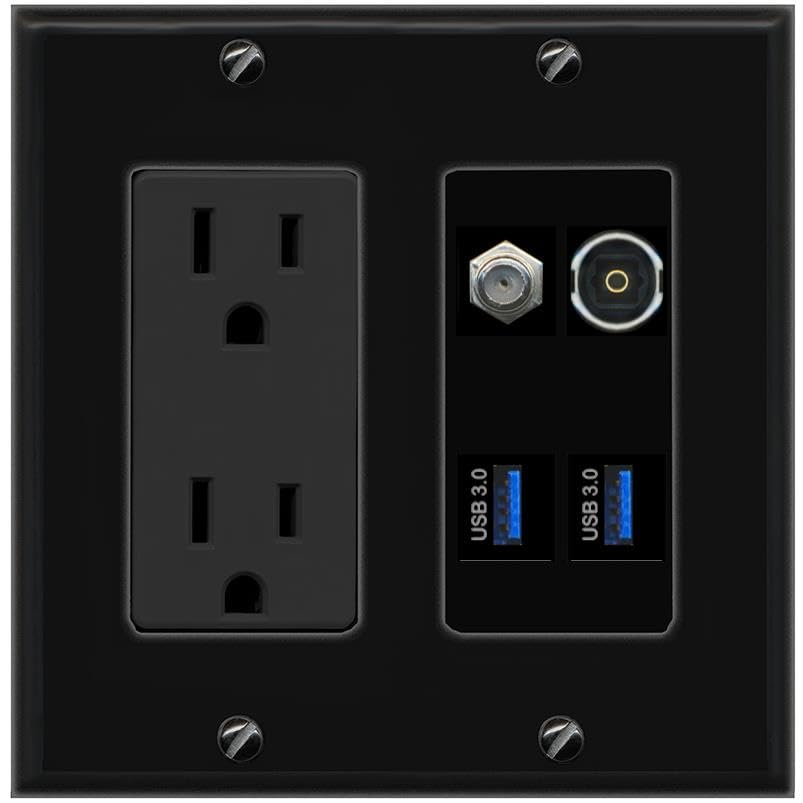 RiteAV COAX TOSLINK 2 USB-3 Wall Plate with 15A Power Outlet [Black]