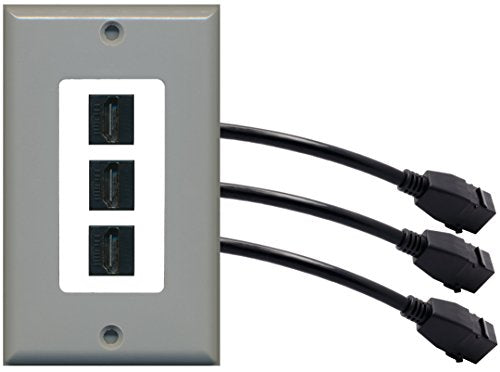 RiteAV (1 Gang Decorative 3 HDMI Black Wall Plate w/Pigtail Extension Cable Gray on White