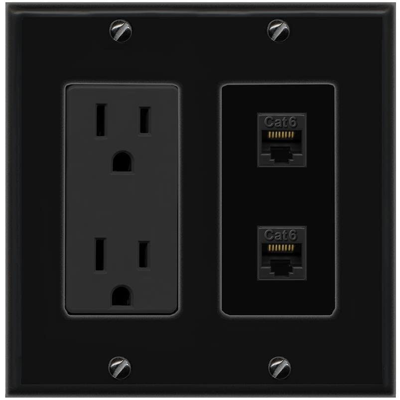 RiteAV 2 Port Cat6 Ethernet Wall Plate - Outlet [Black/Black]