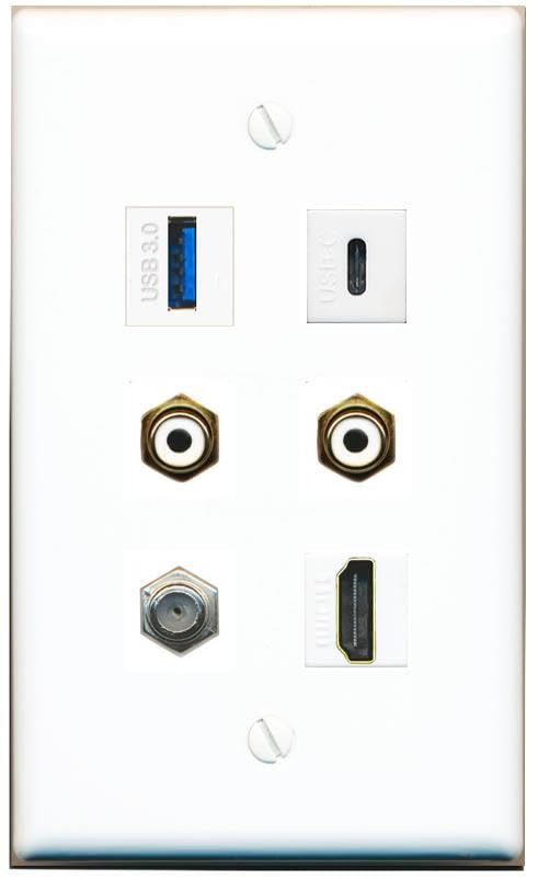 RiteAV Coax HDMI 2 RCA-White USB-3 USBC Flat/Solid Wall Plate [White]