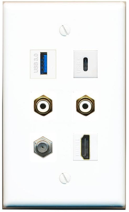 RiteAV Coax HDMI 2 RCA-White USB-3 USBC Flat/Solid Wall Plate [White]