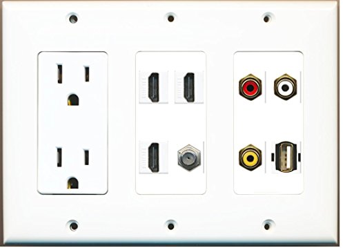 RiteAV (3 Gang 15A Power Outlet 3 HDMI Coax Composite Video USB A-A Wall Plate White