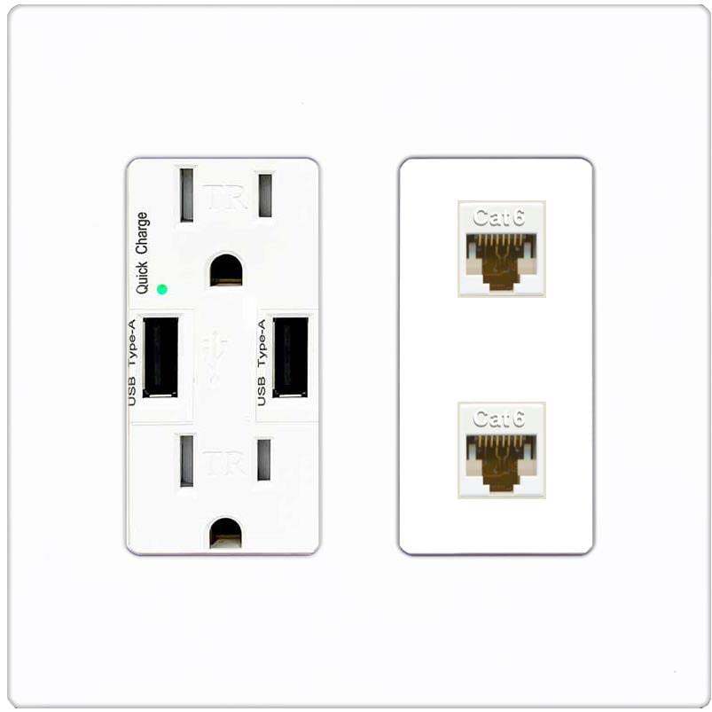 RiteAV 2 Port Cat6 Ethernet Wall Plate - USB Charger [Screwless White]