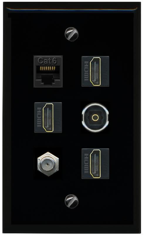 RiteAV CAT6 Coax 3 HDMI TOSLINK Flat/Solid Wall Plate [Black]