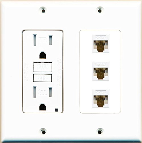 RiteAV GFCI (GFI) 125v 15A Power Outlet and 3 Cat6 RJ45 Ethernet Jack Wall Plate