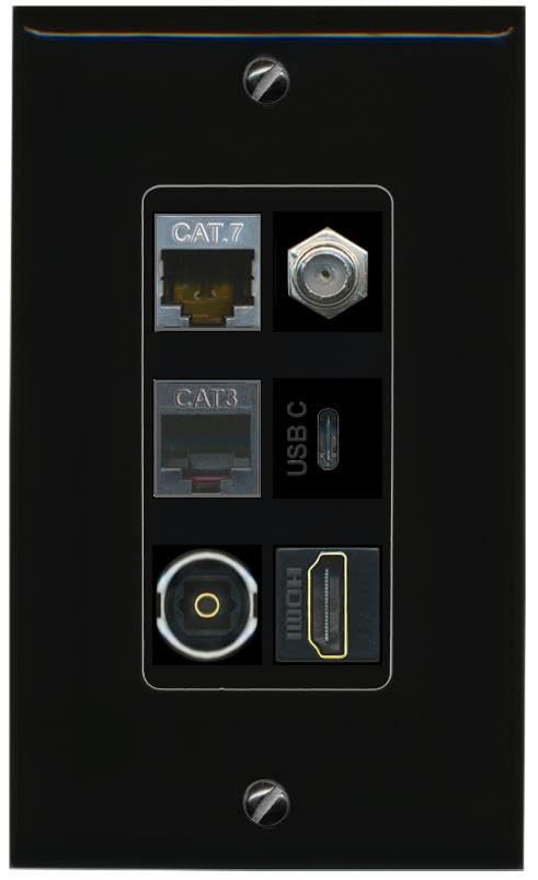 CAT7 COAX HDMI PHONE TOSLINK USBC Wall Plate-1 Gang Black/Black