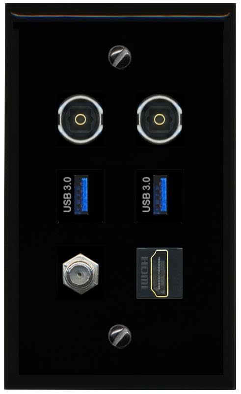 RiteAV Coax HDMI 2 TOSLINK 2 USB 3 Flat/Solid Wall Plate [Black]