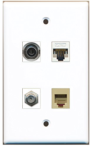 RiteAV - 1 Port Coax Cable TV- F-Type 1 Port Phone RJ11 RJ12 Beige 1 Port 3.5mm 1 Port Cat5e Ethernet White Wall Plate