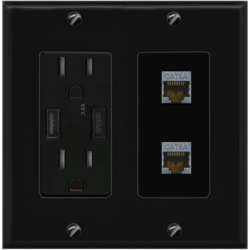 RiteAV 2 Port Cat6A Wall Plate - USB Charger [Black/Black]