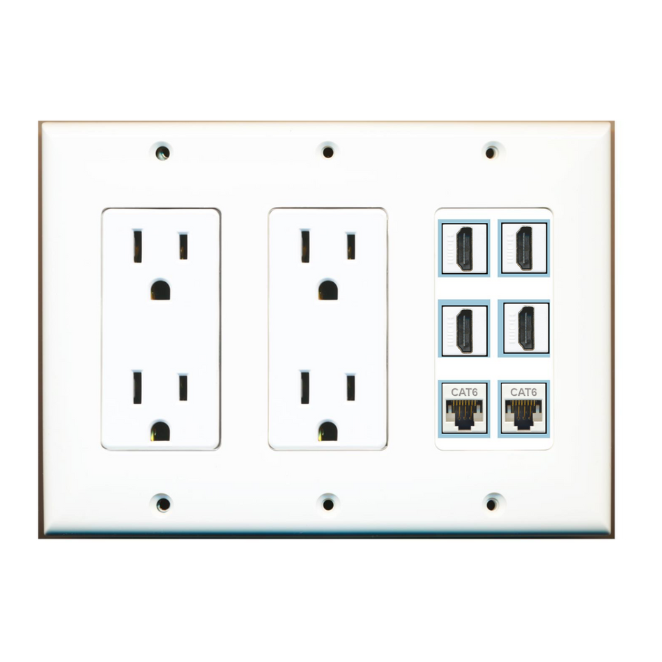 6 Port Custom Keystone Wall Plate w/Dual DecorZ Power Outlet White