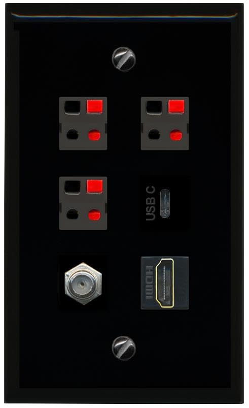 RiteAV COAX HDMI 3 SPEAKER USBC Flat/Solid Wall Plate [Black]