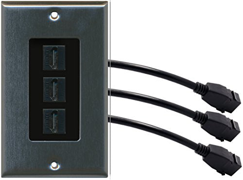 RiteAV (1 Gang Decorative) 3 HDMI Black Wall Plate w/Pigtail Extension Cable Stainless (Black Insert)