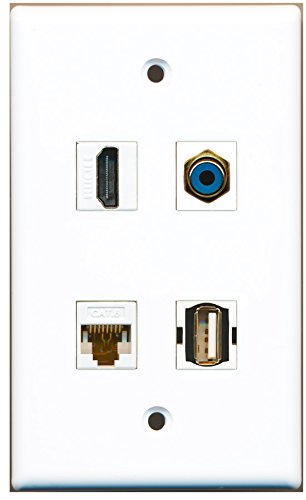 RiteAV - 1 Port HDMI 1 Port RCA Blue 1 Port USB A-A 1 Port Cat6 Ethernet White Wall Plate