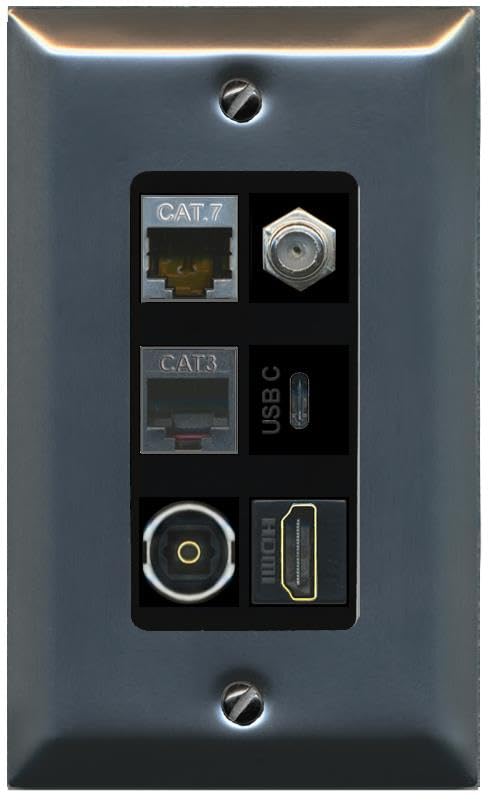 CAT7 COAX HDMI PHONE TOSLINK USBC Wall Plate-1 Gang Stainless/Black