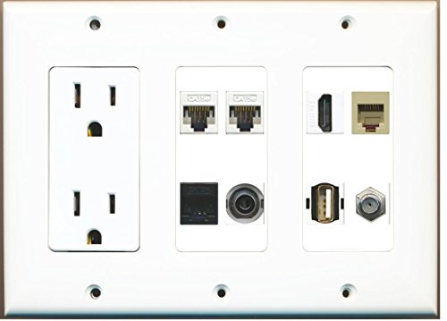 RiteAV - (3 Gang 15A Outlet HDMI Coax 2 Cat5e + 1 Black 3.5mm Phone USB Wall Plate