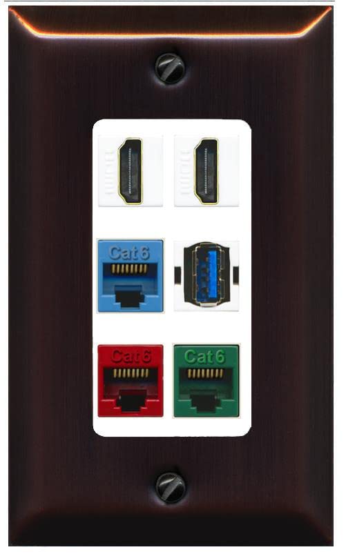 RiteAV 2 HDMI 3 Cat6 Ethernet USB3 Mixed Color Wall Plate - 1 Gang [Bronze/White]
