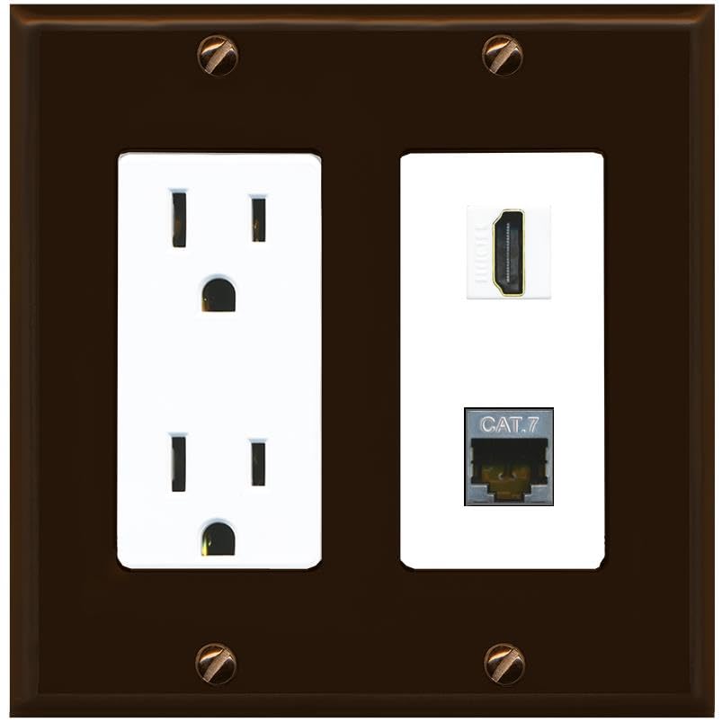 RiteAV HDMI and Cat7 Wall Plate - Outlet [Brown/White]