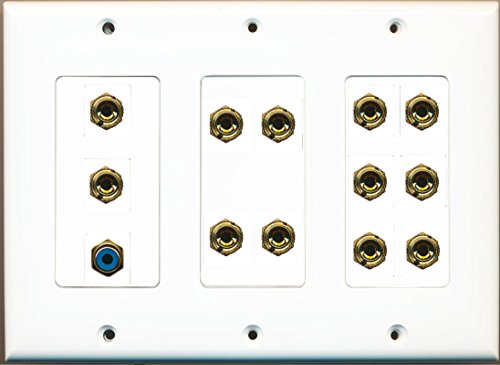 RiteAV 12 Banana for 6 Speakers and RCA Blue Subwoofer Port Wall Plate OVERSIZED White