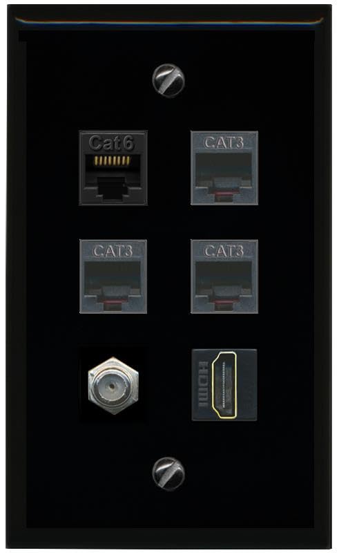 RiteAV CAT6 Coax HDMI 3 Phone Flat/Solid Wall Plate [Black]