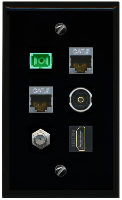 RiteAV 2 CAT7 COAX HDMI SC APC Simplex Fiber TOSLINK Flat/Solid Wall Plate [Black]