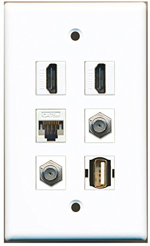 RiteAV - 2 HDMI 2 Port Coax Cable TV- F-Type 1 Port USB A-A 1 Port Cat5e Ethernet White Wall Plate