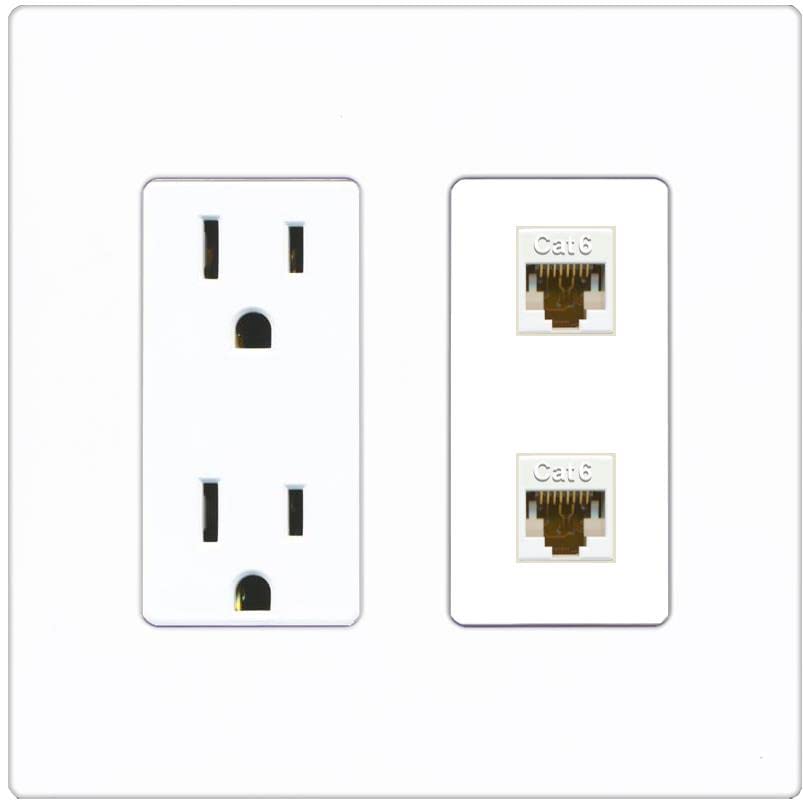 RiteAV 2 Port Cat6 Ethernet Wall Plate - Outlet [Screwless White]