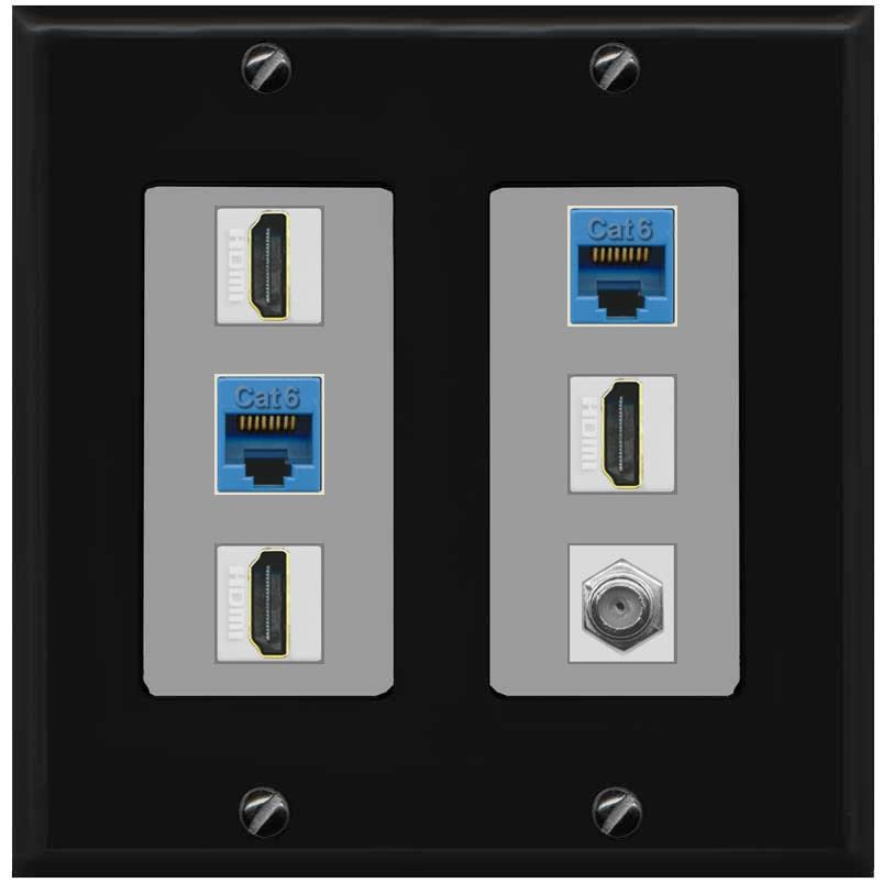 RiteAV 3 HDMI Wall Plate 2 Cat6 1 Coax - 2 Gang [Black/Gray]