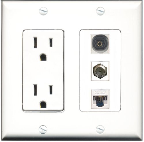 RiteAV - 15 Amp Power Outlet 1 Port Coax 1 Port Toslink 1 Port Cat5e Ethernet White Decorative Wall Plate