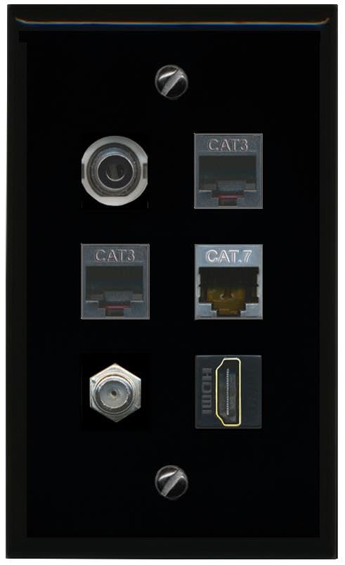 RiteAV 3.5mm CAT7 Coax HDMI 2 Phone Flat/Solid Wall Plate [Black]