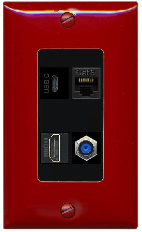 RiteAV USBC HDMI Cat6 Coax F81 Wall Plate - 1 Gang [Red/Black]