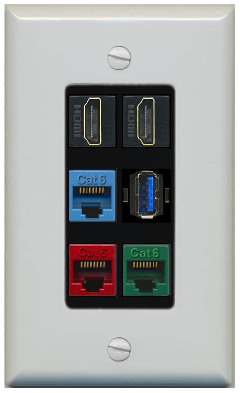 RiteAV 2 HDMI 3 Cat6 Ethernet USB3 Mixed Color Wall Plate - 1 Gang [Gray/Black]