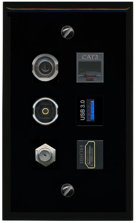 RiteAV 3.5mm Coax HDMI Phone TOSLINK USB 3 Flat/Solid Wall Plate [Black]