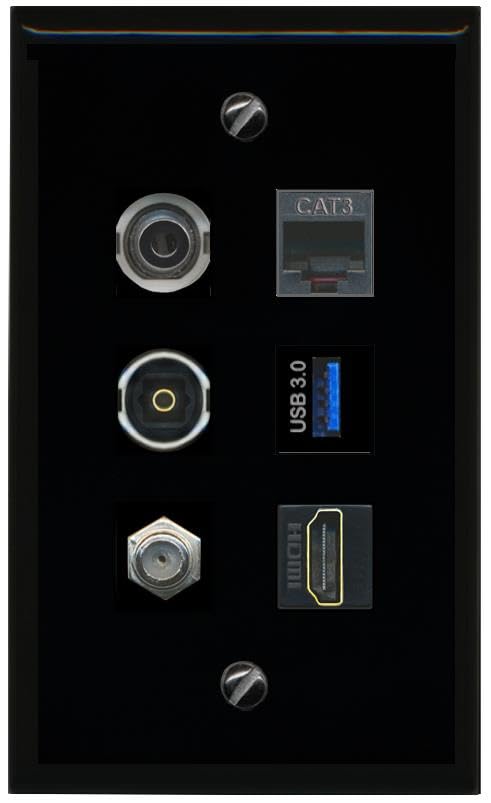 RiteAV 3.5mm Coax HDMI Phone TOSLINK USB 3 Flat/Solid Wall Plate [Black]