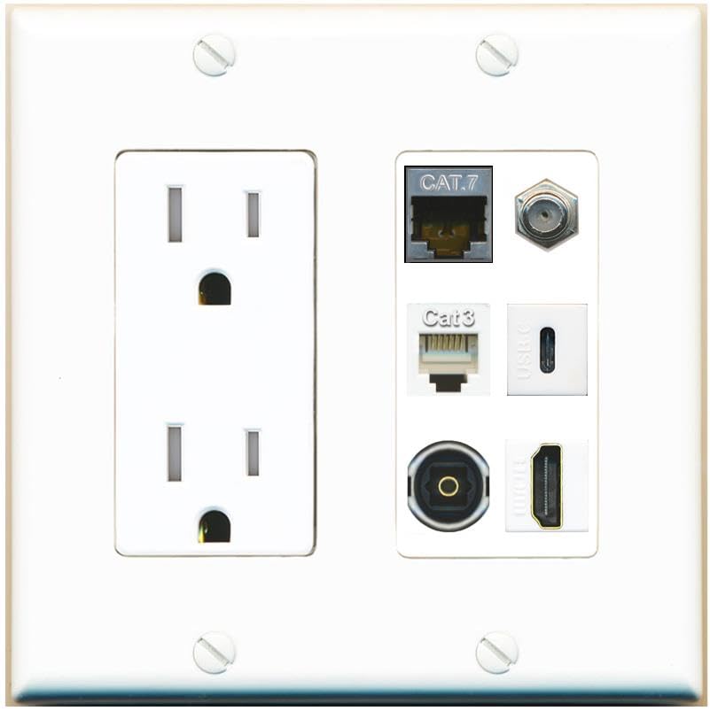 CAT7 COAX HDMI PHONE TOSLINK USBC Wall Plate-Tamper-Res White