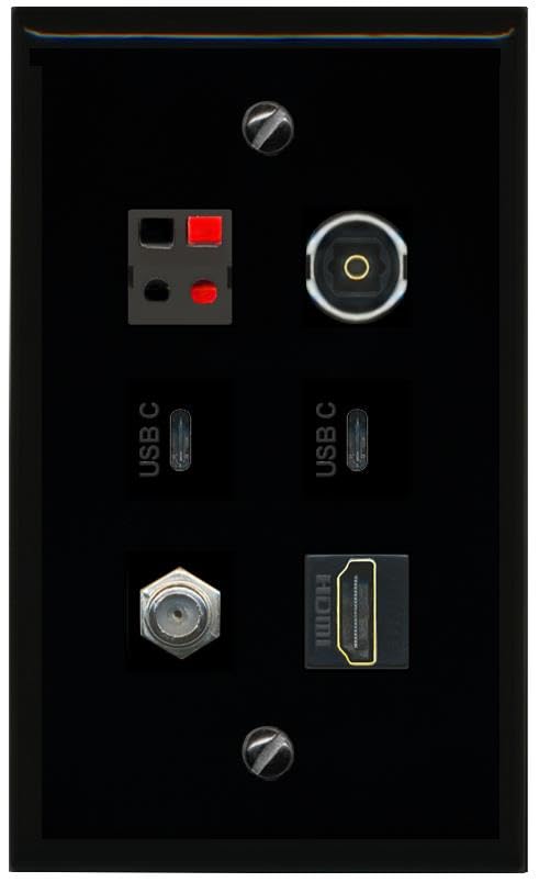 RiteAV Coax HDMI Speaker TOSLINK 2 USBC Flat/Solid Wall Plate [Black]