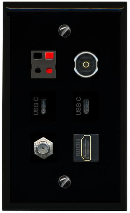 RiteAV Coax HDMI Speaker TOSLINK 2 USBC Flat/Solid Wall Plate [Black]